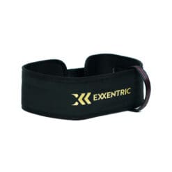 The Exxentric Squat Hip Belt is a black exercise belt with Exxentric in yellow on the side. It looks sturdy and adjustable, with a small loop for attachments, perfect for fitness or resistance training.