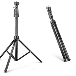 Two images of the Dashr Regular Tripod in black are shown: one fully extended with three sturdy legs and adjustable height, and the other folded for compact storage. The design looks durable and suitable for various devices.