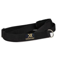 Black Exxentric Rotational Sling exercise belt with a metal ring and Exxentric in gold on the label.