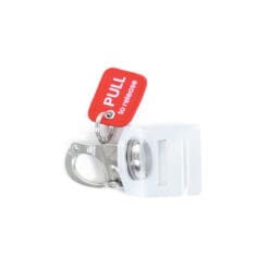 The Exxentric Single Turnbuckle is a keychain featuring a metal clip connected to a red tag labeled PULL to release, attached to a white, plastic square holder with two horizontal slots.