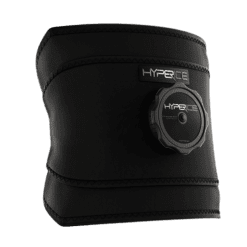 A sleek, modern black Hyperice Ice ICT Compression Technology Back wrap features zigzag stitching and an attached cylindrical component for therapeutic use with the brand visible on both parts.