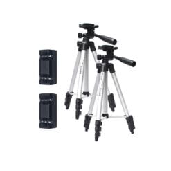 Two Dashr React Two Module Systems, featuring silver tripods with black adjustable legs and handles, are displayed side by side. Next to them, two black mount plates are arranged vertically.