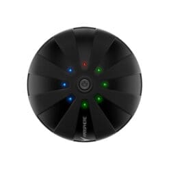 The Hyperice Hypersphere is a black, spherical electronic device with a symmetrical segmented design. It features a central power button surrounded by red, green, and blue indicator lights, with Hypersphere printed on the side.