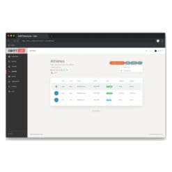 A screenshot of the Swift EXPERT Software License dashboard shows a table titled Athletes with columns for Name, Email, DOB, Height, and Weight. The interface features navigation options on the left and buttons to add new entries.