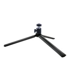 The Dashr Mini tripod is black with three foldable legs extending outwards. It has an adjustable mount for cameras or other devices, featuring a minimal and compact design for easy portability.