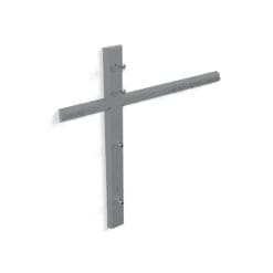 The Exxentric Wall Mounted Accessory Rack is a gray metal, T-shaped design with multiple hooks on vertical and horizontal bars for organizing items, displayed against a plain white background.