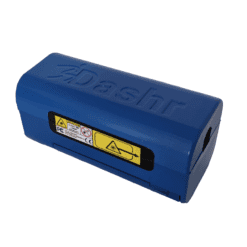 A Dashr Blue Laser Module, made of blue plastic, featuring caution symbols and a sliding mechanism.