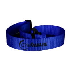 A GymAware Jump Strap in blue nylon with a black plastic buckle and AM AWARE printed in black.