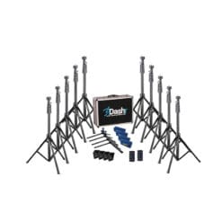 The Dashr React- Reactive Agility set includes multiple adjustable black microphone stands arranged around a brown carrying case, with additional microphone clips, blue straps, and small black devices.