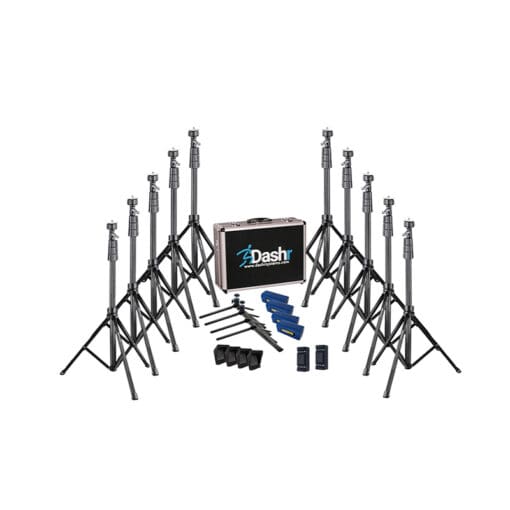 The Dashr React- Reactive Agility set includes multiple adjustable black microphone stands arranged around a brown carrying case, with additional microphone clips, blue straps, and small black devices.