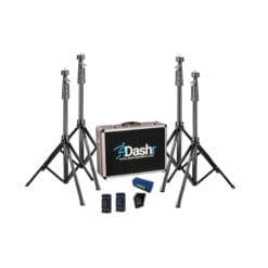 A set of four tripod stands, a Dashr carrying case, two small battery packs, and a small blue and black electronic device included in the Dashr Reactive Shuttle.