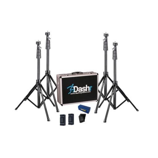 A set of four tripod stands, a Dashr carrying case, two small battery packs, and a small blue and black electronic device included in the Dashr Reactive Shuttle.