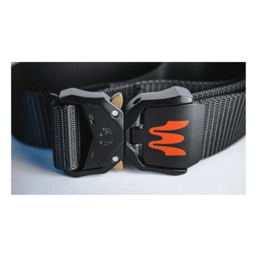 A close-up of the Enode Pro Hip Belt shows a black design with a metal buckle, featuring a red, stylized logo of three wavy lines, laid flat on a light surface.
