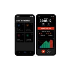 Two Moxy Portal smartphones display a fitness app. The left screen shows workout type options, and the right screen displays stats, a timer, heart rate, and a graph. A red banner indicates an alarm message.