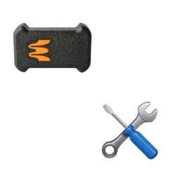 A black textured rectangular device features an orange stylized M with a crossed wrench and screwdriver with blue handles below, representing the Repair Service for Enode Sensors and Charging Cases.