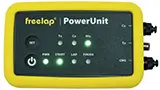 A yellow and black Freclap PowerUnit device with multiple indicator lights and buttons, including power and start. It features ports on the right side.