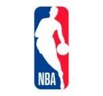 The image shows the NBA logo, featuring a white silhouette of a basketball player dribbling, set against a vertical background with one half blue and the other half red. The acronym NBA is displayed at the bottom.