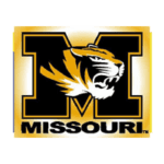 Logo of the University of Missouri featuring a bold black letter M with a fierce tigers head in profile over it. The background is gold, and MISSOURI is written in black below the M.