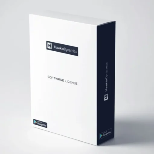 The Hawkin Dynamics 1-year Software License (High School Pricing) box features a sleek design with a white background, dark edges, the logo, and SOFTWARE LICENSE text. Google Play icons appear at the bottom corners.