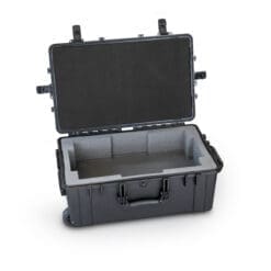 The Hawkin Dynamics Travel Case is a black hard-shell protective case featuring an open lid that reveals a custom foam insert, sturdy side handles, and wheels for easy transport.