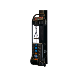 The OHM Run Delta-Kinetic® Trainer is a vertical exercise machine with a digital control panel and sturdy frame. It features a single grip handle attached to adjustable resistance cables for various workouts, with the RUN brand name visible on the base.