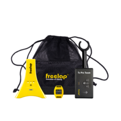 A Freelap Tx Pro Team Starter Kit 111, featuring a yellow stopwatch, triangular yellow transmitter, black receiver, and a carrying bag with freedom of timing printed on it.
