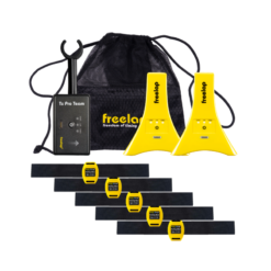 The Freelap Tx Pro Team Starter Kit 111 includes two yellow sensors, a black control unit, five yellow wrist devices, and a branded black mesh carrying bag with the Freeloop logo and freedom of timing phrase.