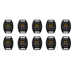 Ten identical Freelap FxChip BLE devices from the 10 Pack are arranged in two rows of five against a white background, each displaying the Freelap logo and model number in yellow and white text.